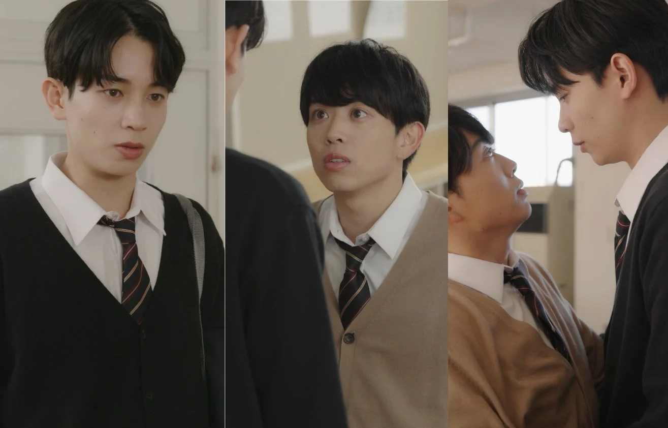 学生2人が驚いた表情で向き合うシーン