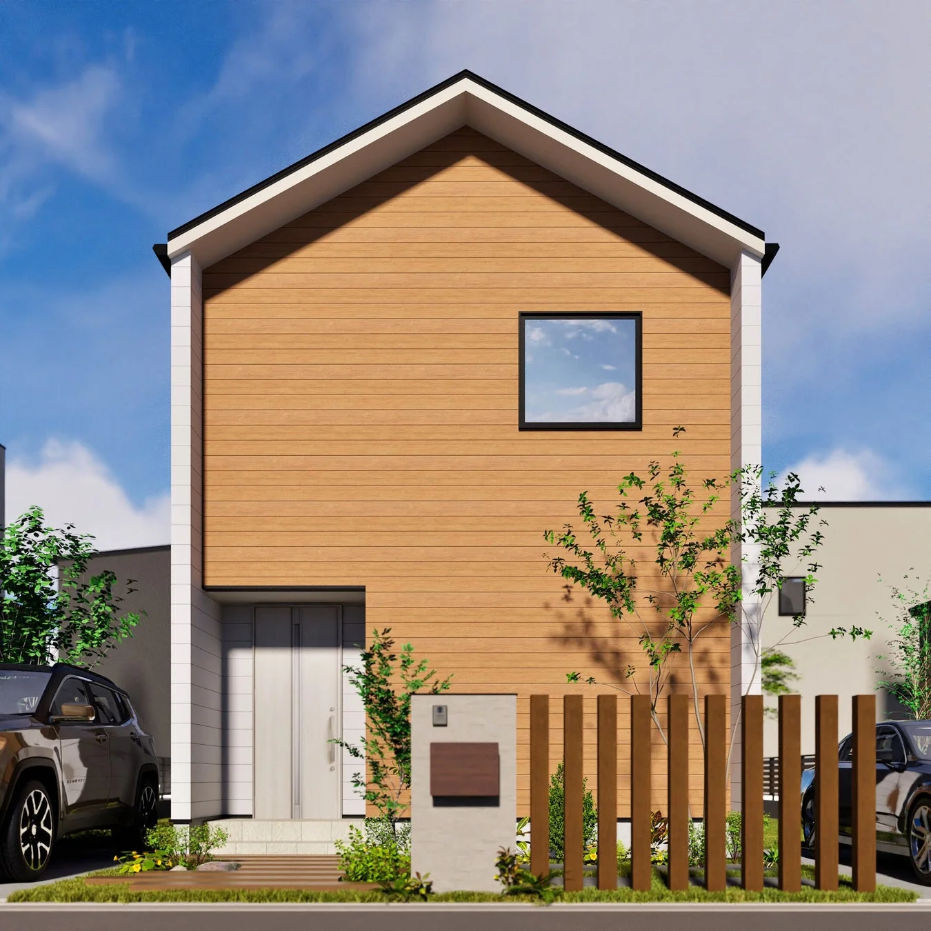 木目調と白いアクセントが特徴の一軒家