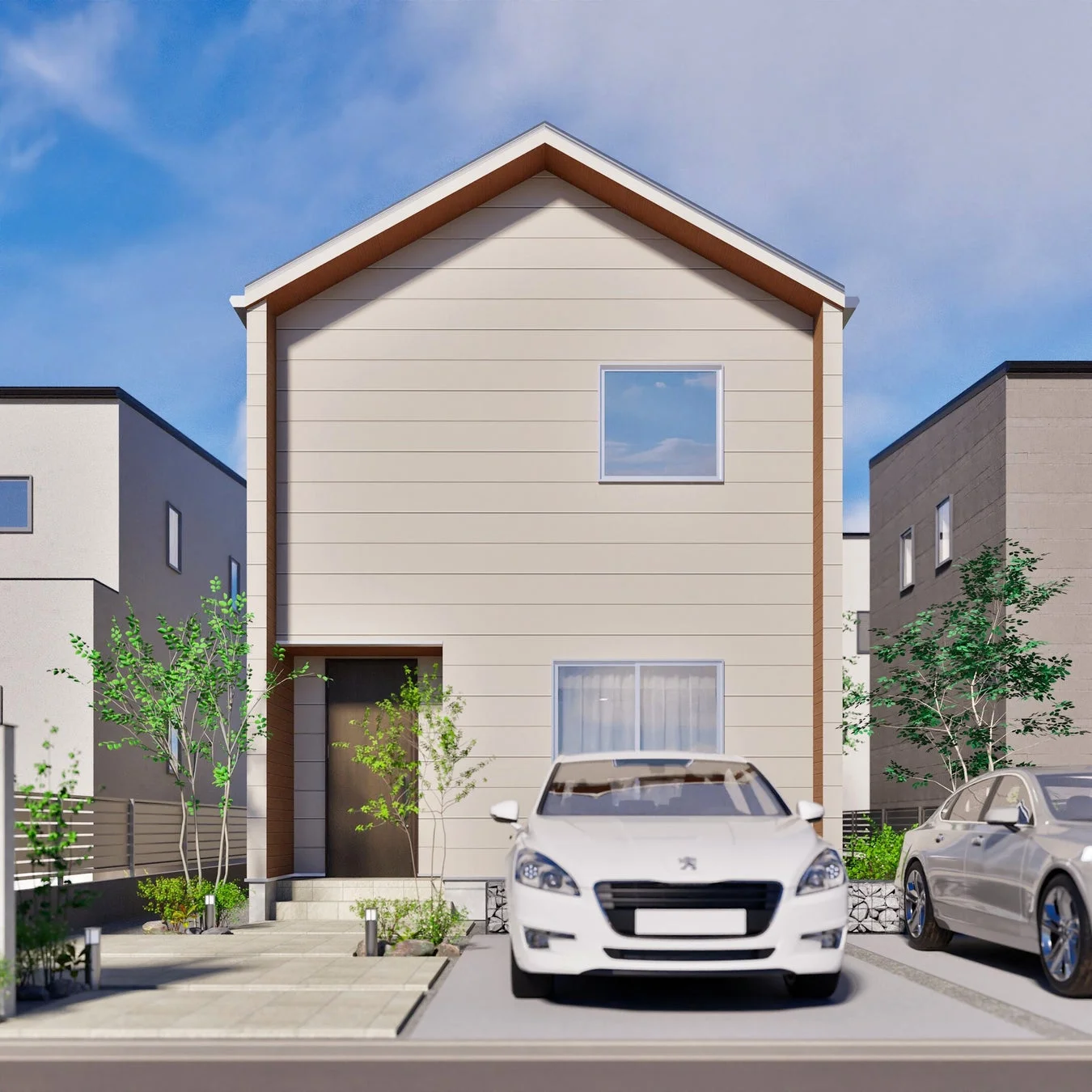 白い外壁のモダンな一戸建て住宅