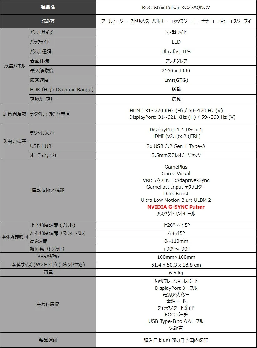 ROG Strix Pulsar XG27AQNGVの製品仕様一覧