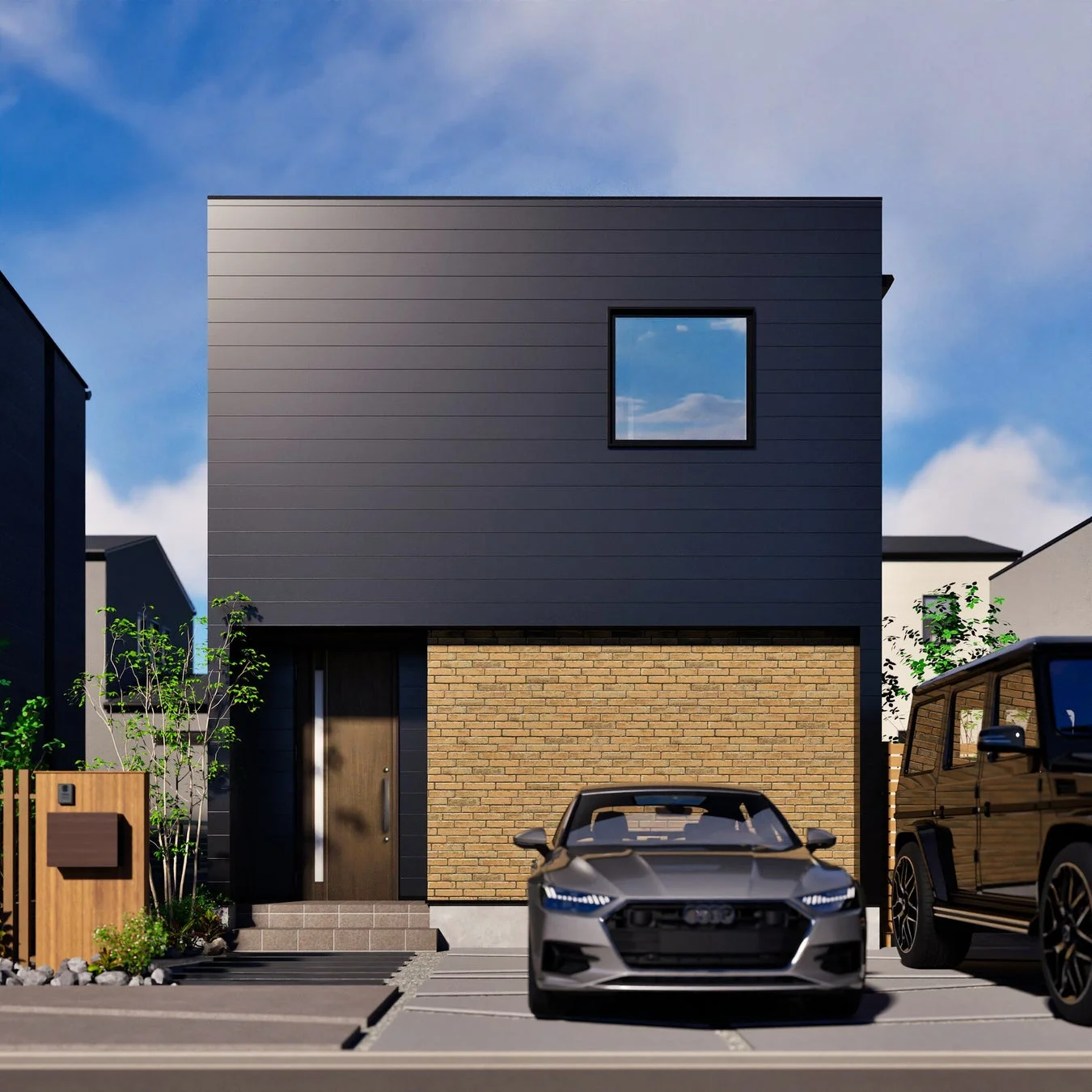 黒い外壁とレンガ調のアクセントが特徴の一軒家