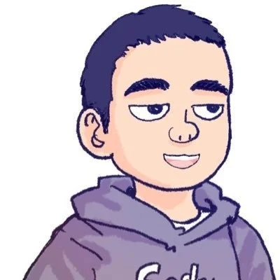 紫色のパーカーを着た漫画風男性のイラスト