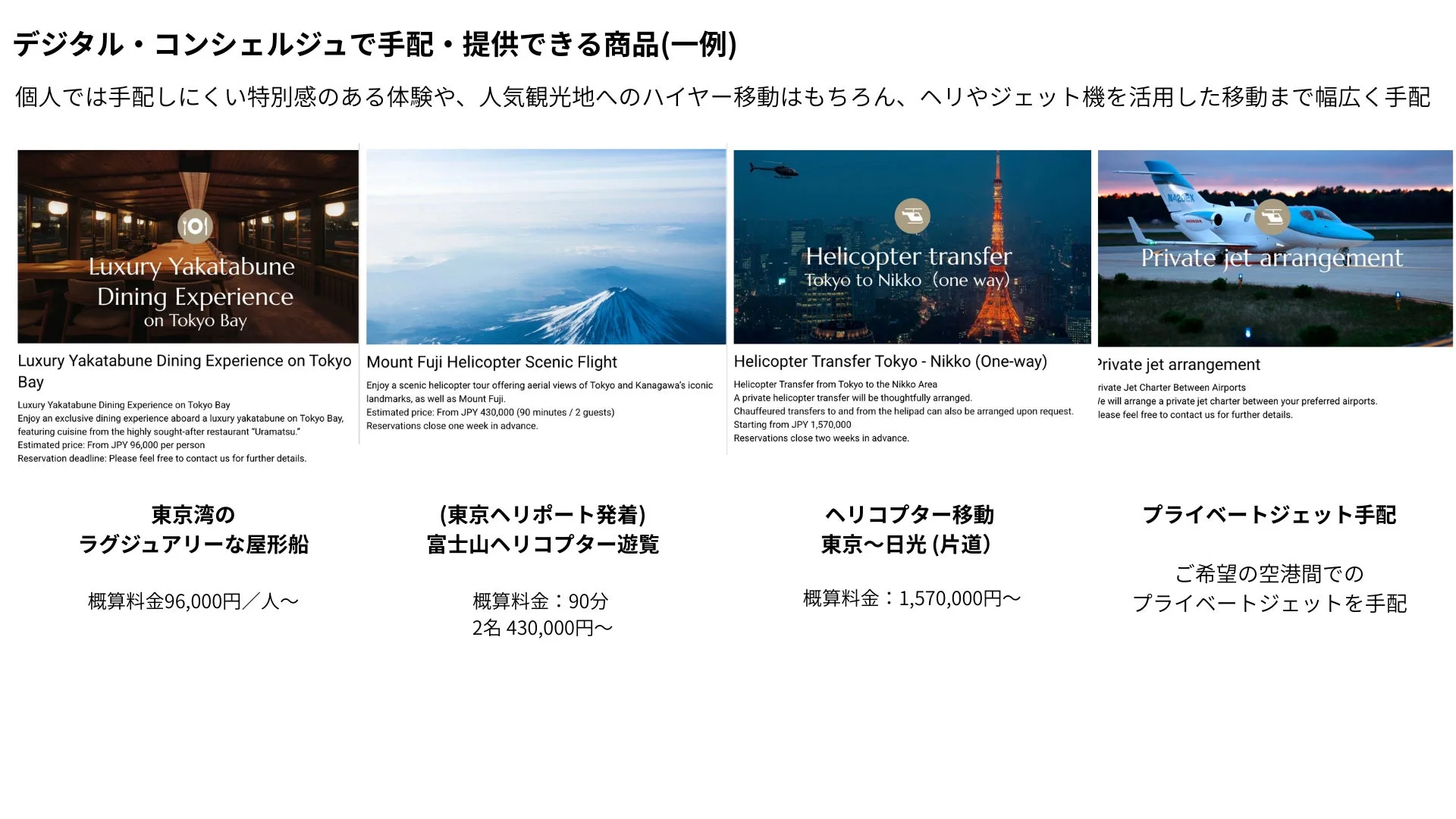 デジタルコンシェルジュが提供する特別な体験や移動サービスの一例