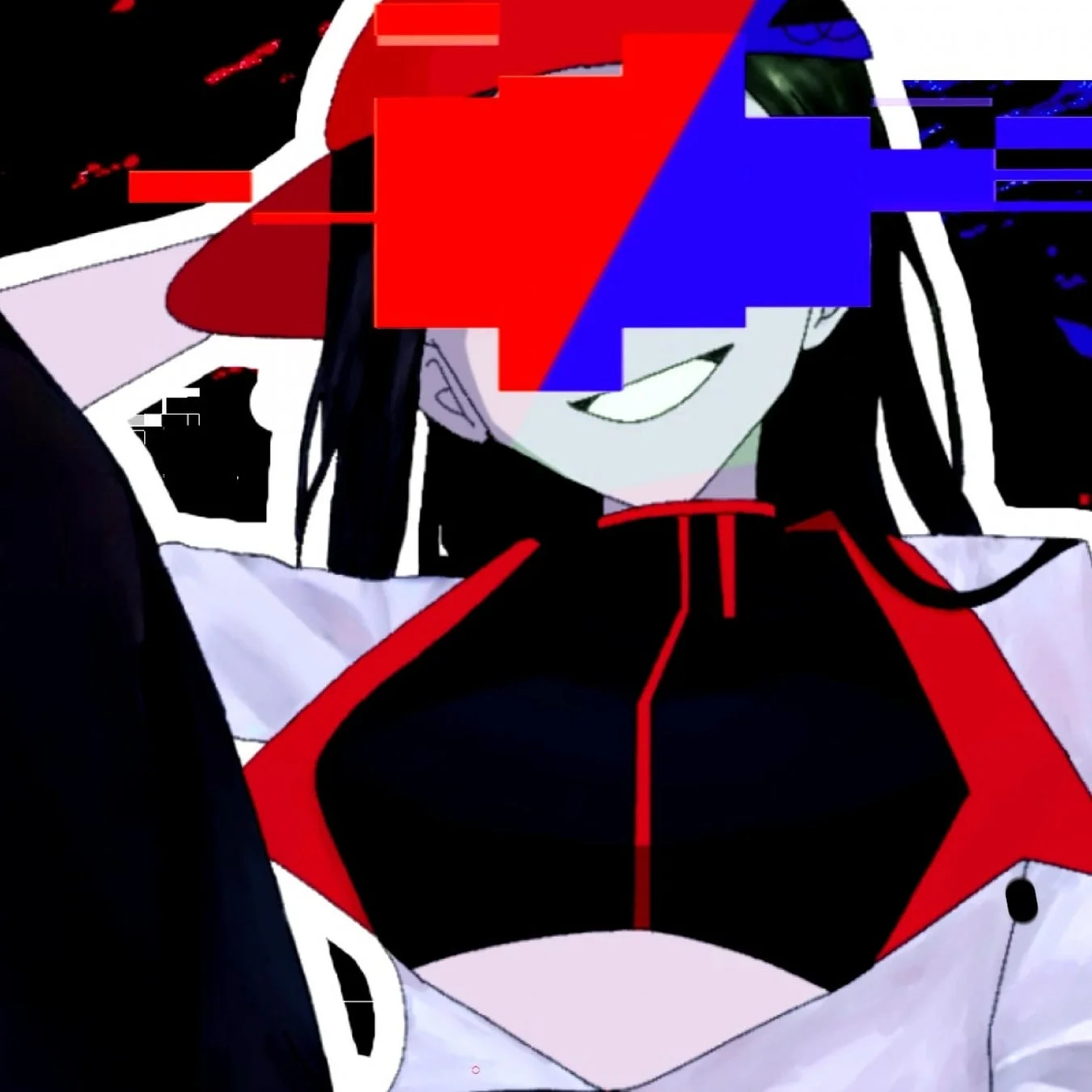 赤と青のグリッチエフェクトがかかったアニメ風の女性キャラクターのイラスト