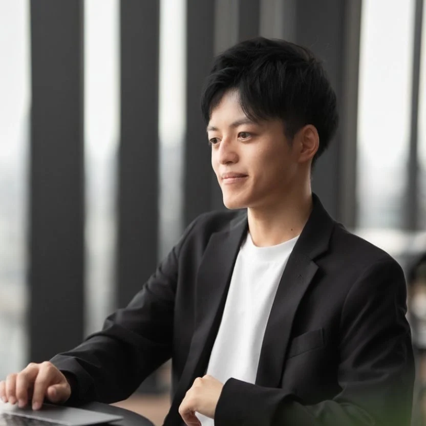 黒いジャケットと白いTシャツを着た若い男性が、窓を背景に穏やかな表情で横を向いている写真。