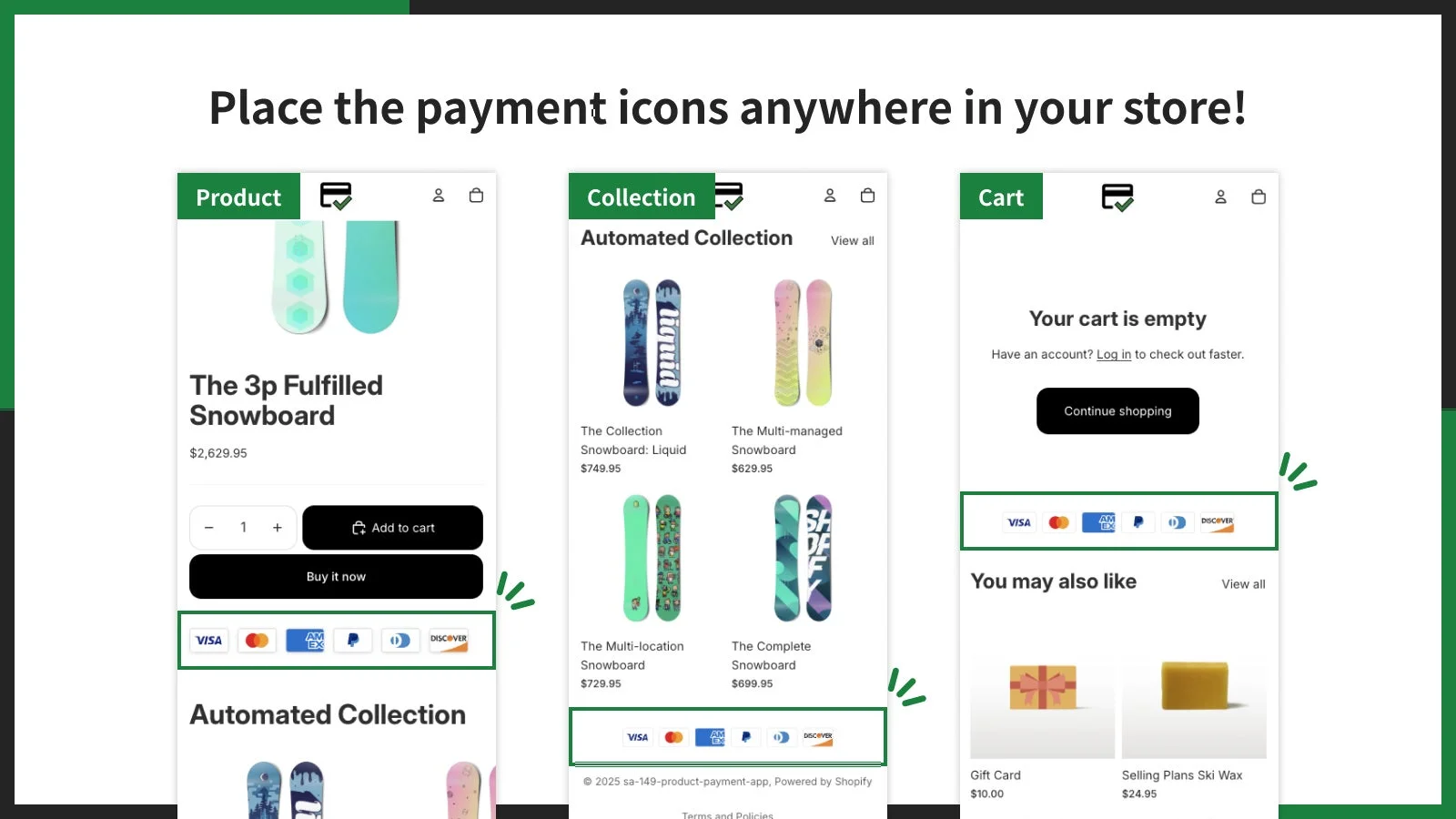 ストアのあらゆるページに決済アイコンを表示