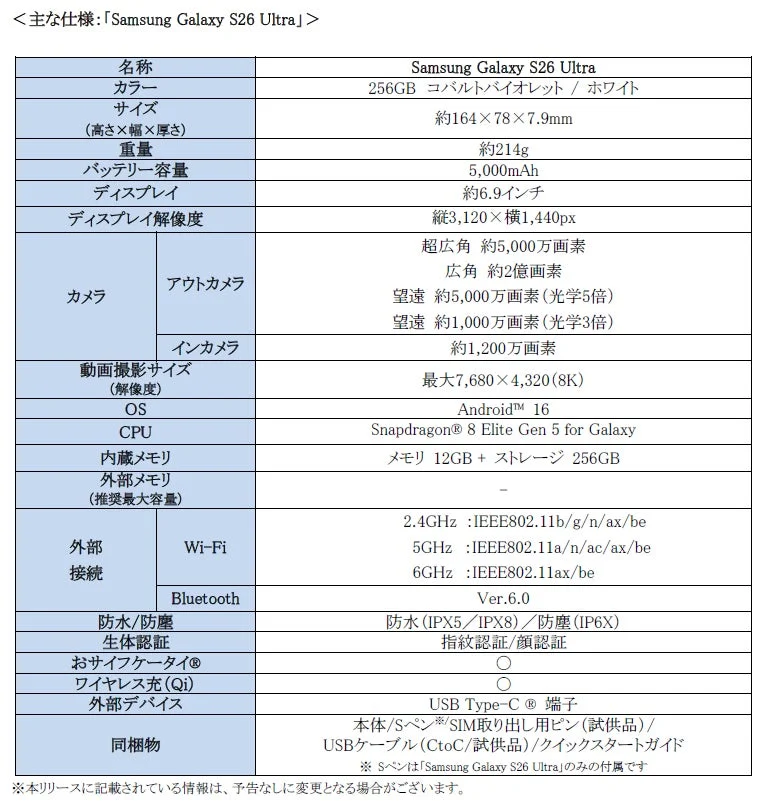 Samsung Galaxy S26 Ultra 主な仕様