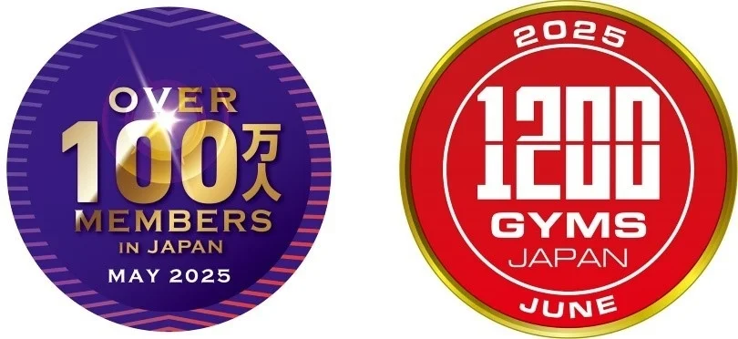 2025年5月までに会員数100万人、2025年6月までに国内1200店舗達成の目標を示すバッジ
