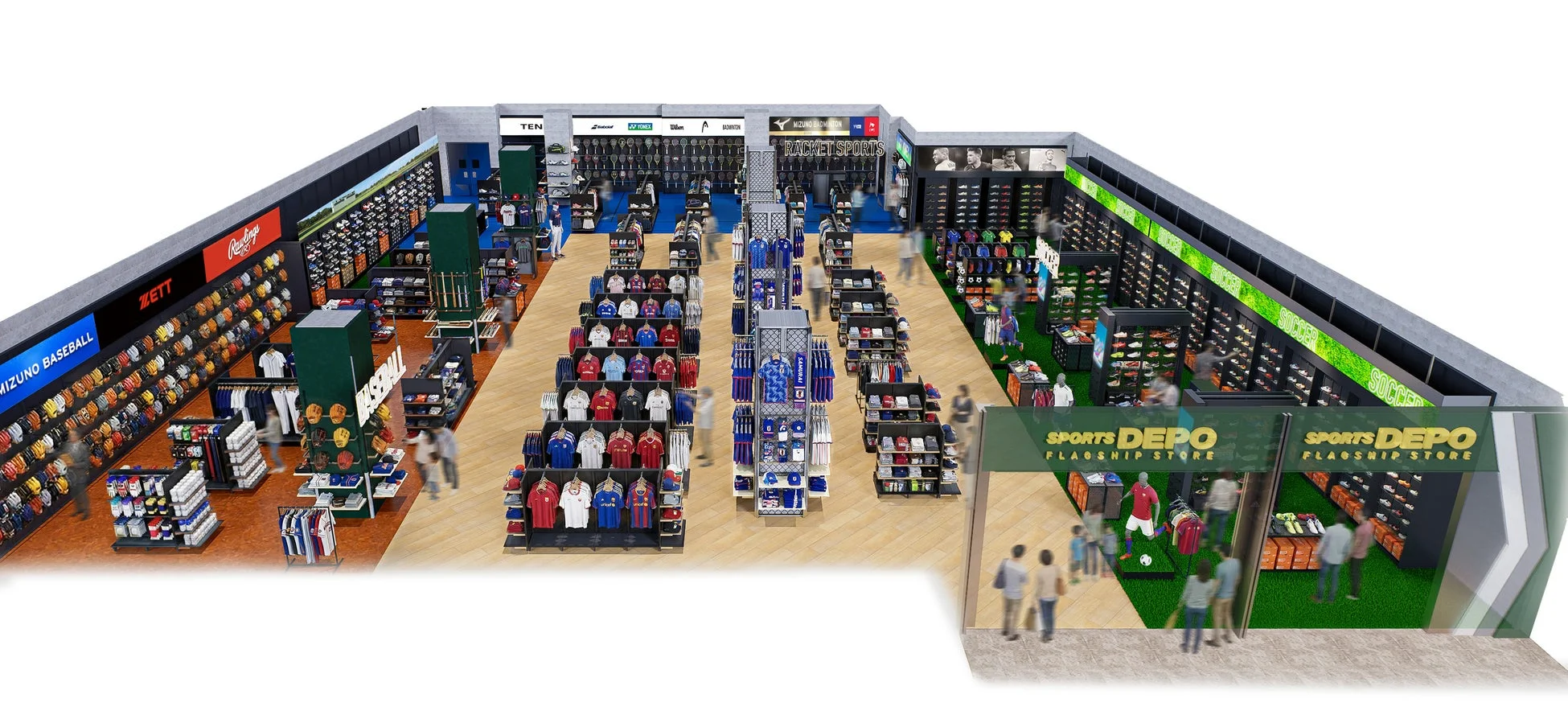 野球、サッカー、ラケットスポーツなど、様々なスポーツ用品が豊富に並べられた広々としたスポーツ用品店の店内風景です。多くの商品が陳列され、買い物客が店内を歩いています。