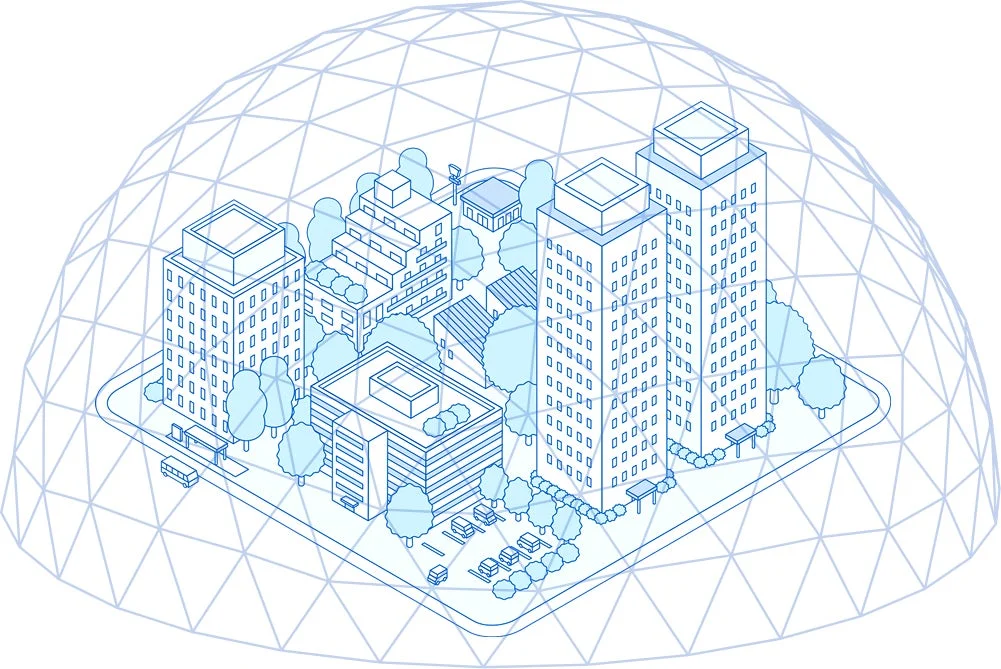 ジオデシックドームに覆われた未来的な都市のアイソメトリックなイラスト