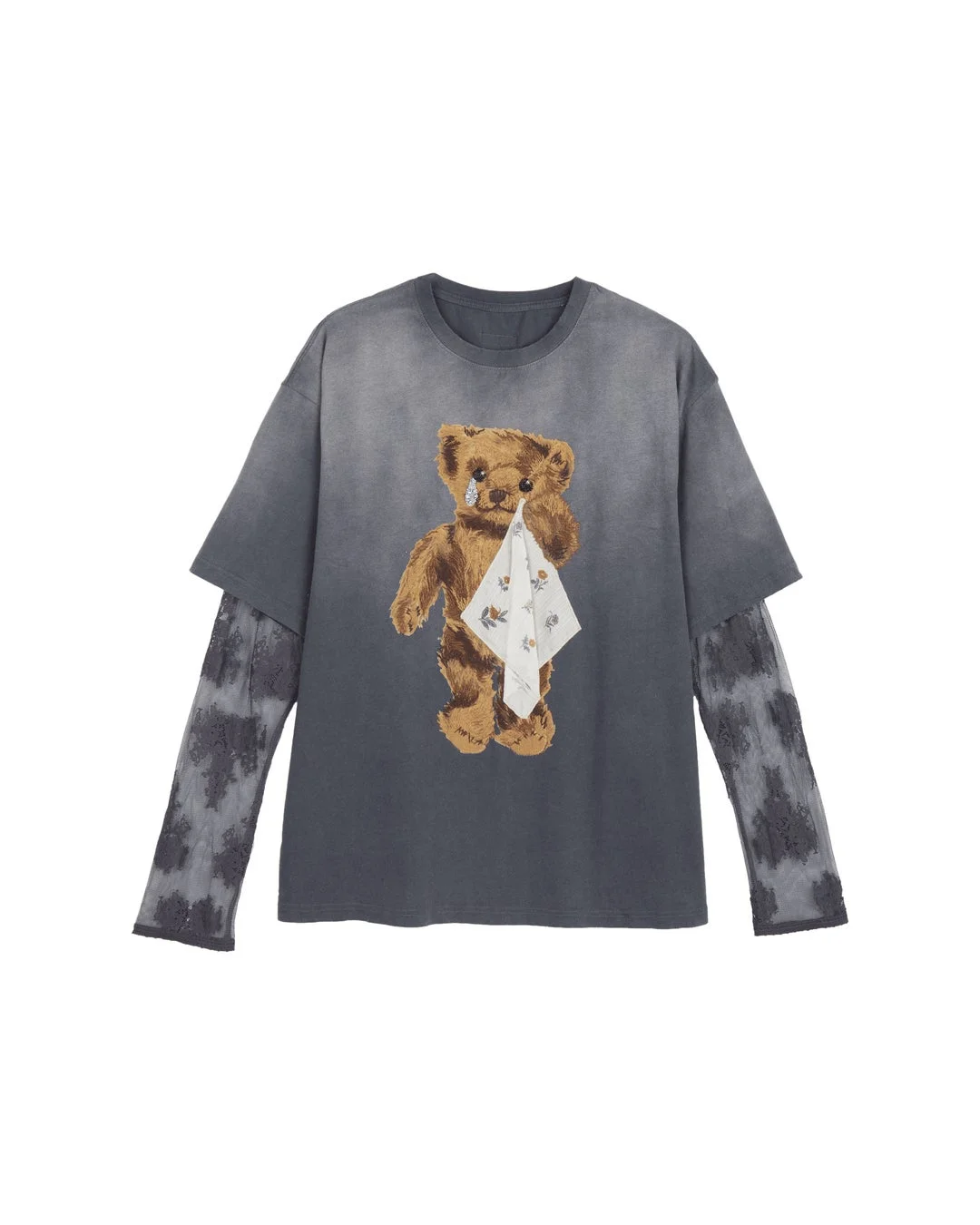 ハンカチで涙を拭うテディベアをモチーフに、植毛加工やビーズ刺繍を重ねた一着