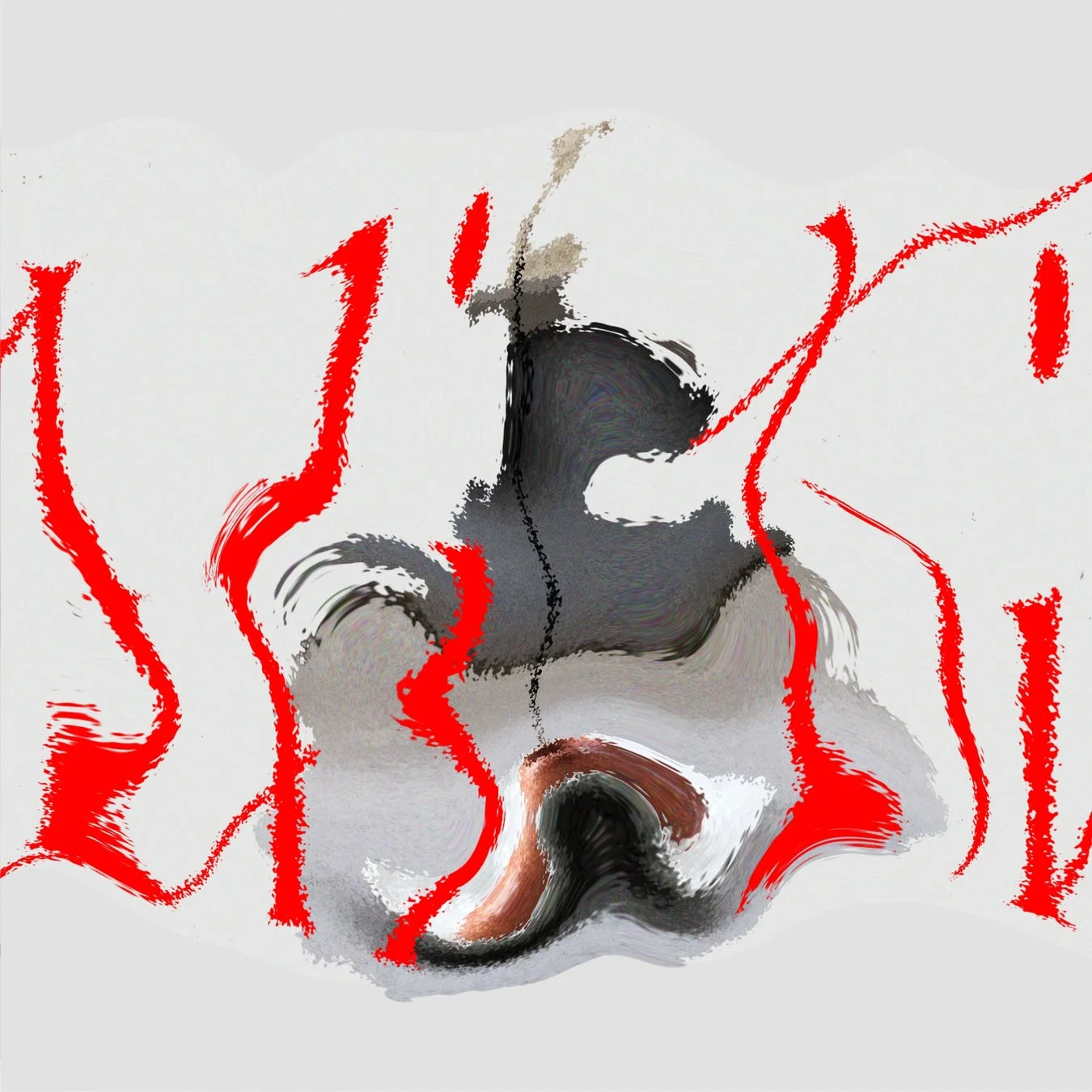 赤い抽象的な筆致と歪んだ暗い形状が絡み合う現代アート作品