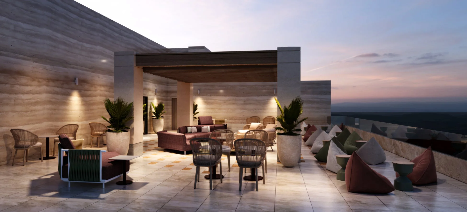 夕暮れのルーフトップテラス