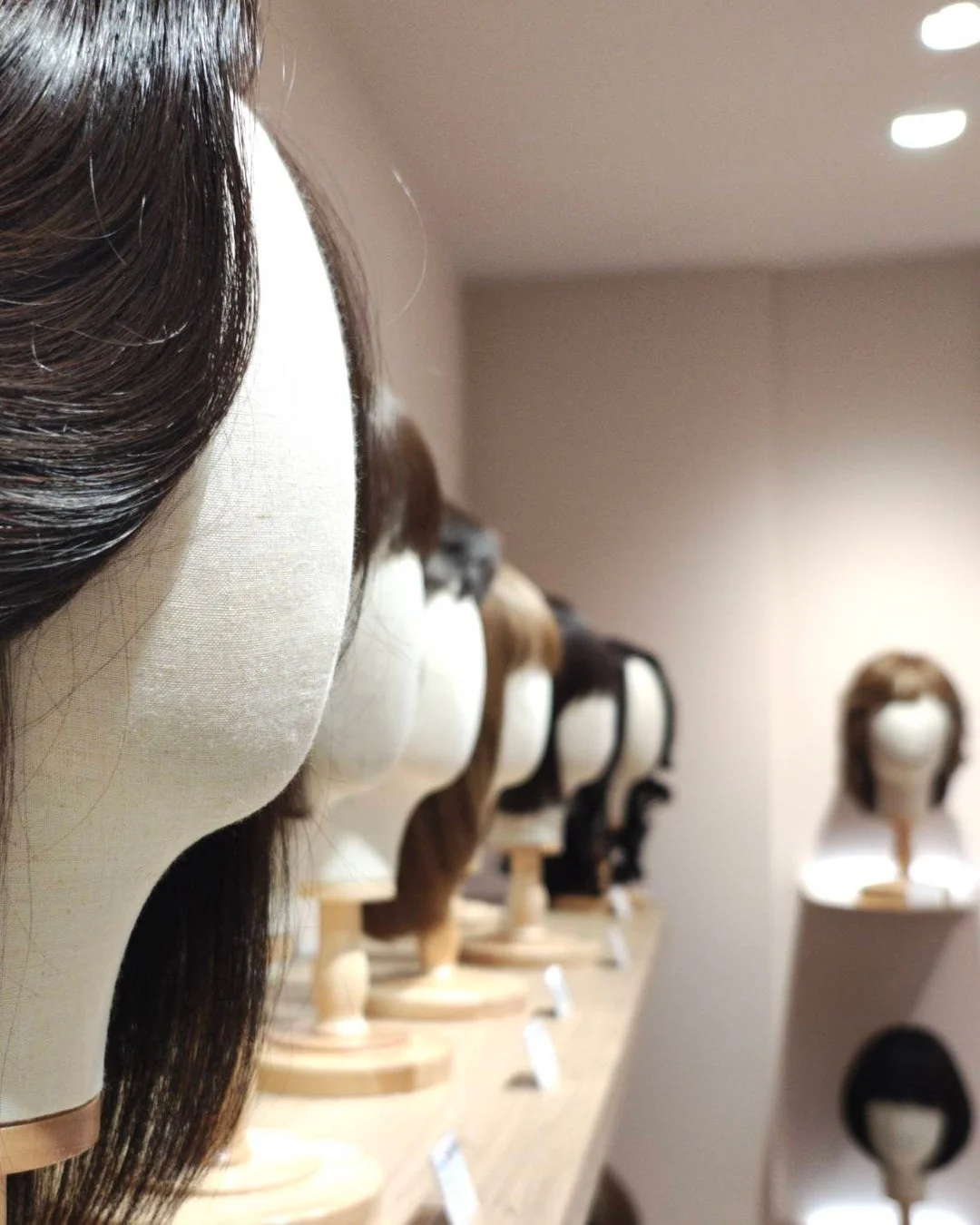 様々なスタイルのウィッグが並ぶマネキン