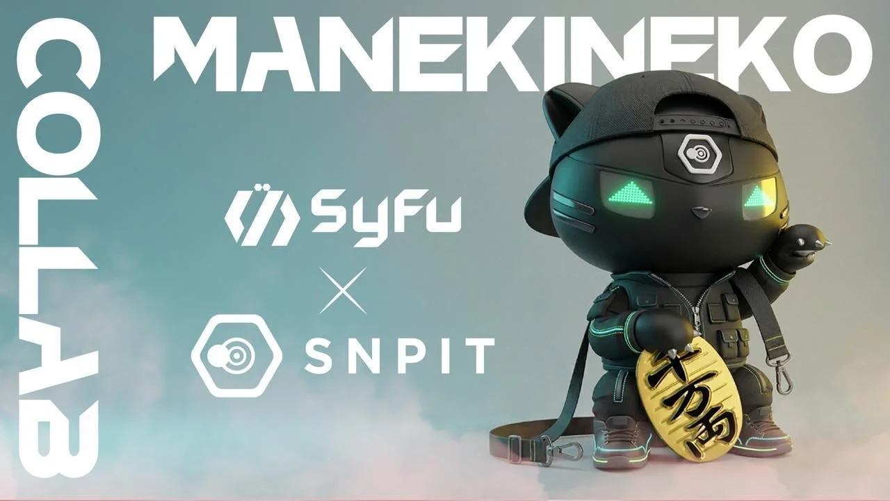 サイバーパンク風の黒い招き猫キャラクターのデジタルアート