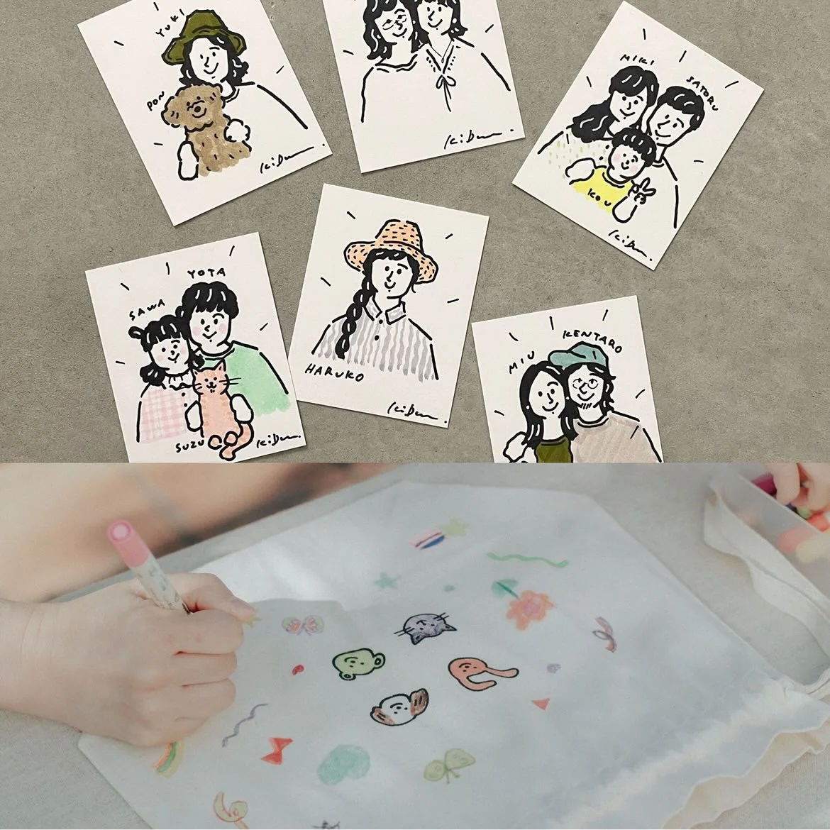 手描きの人物イラストと、白い布製品に描いている様子