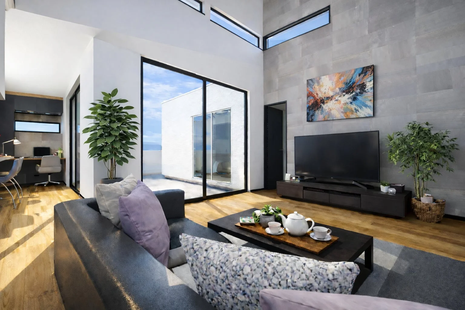 モダンで開放感のあるリビングルームとテラス