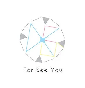 白い背景に、水色、ピンク、黄色、グレーの幾何学的な図形が組み合わされた抽象的なロゴマークです。中央から放射状に広がるデザインは、星や万華鏡のような印象を与え、「For See You」というテキストが添えられています。