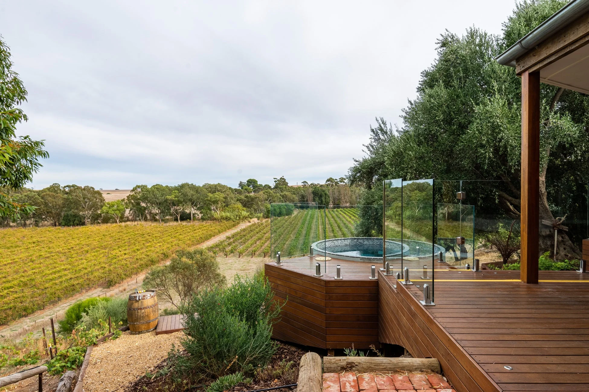 ぶどう畑を見下ろすデッキとプール