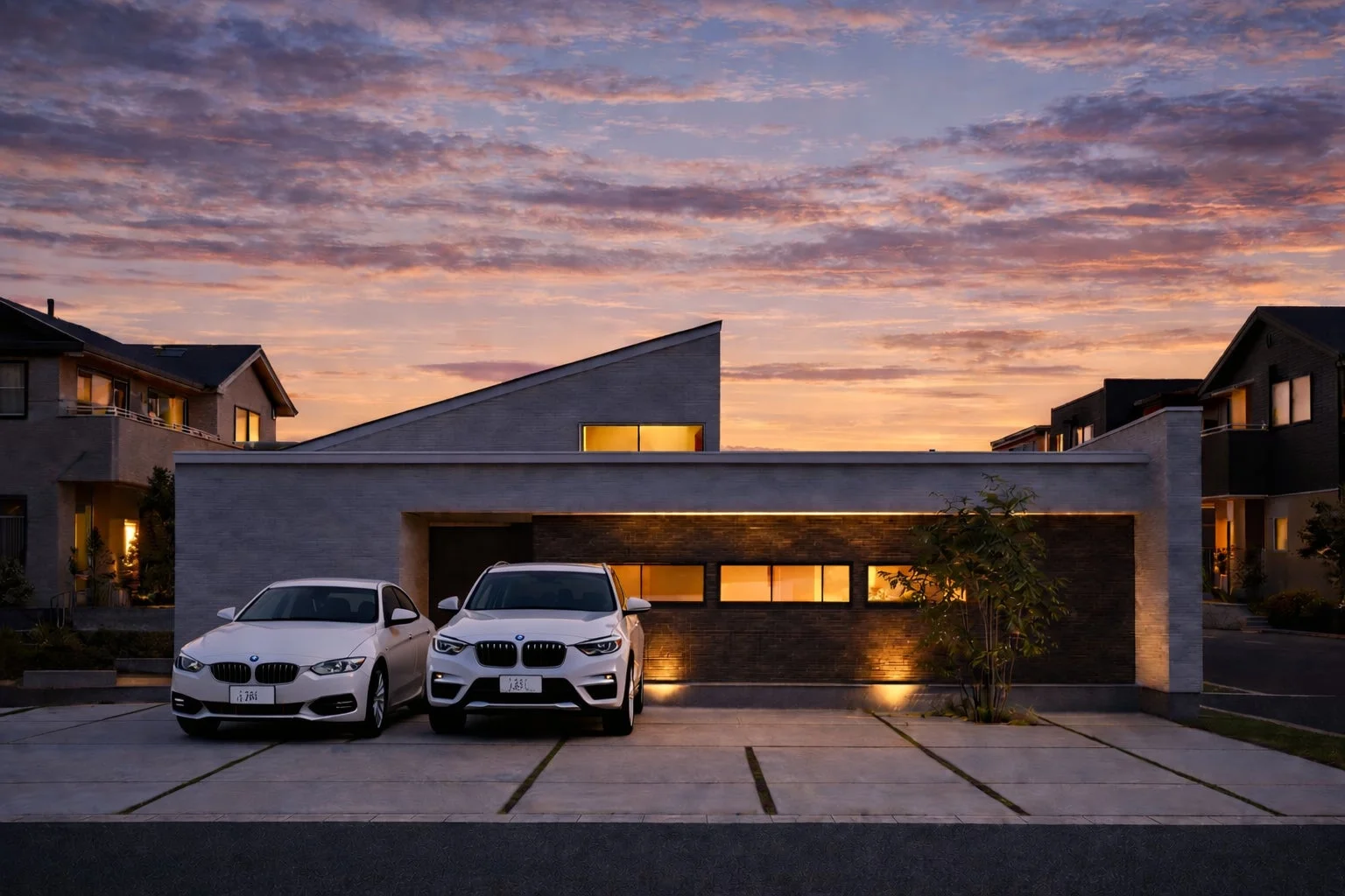 夕焼け空を背景にしたモダンな住宅