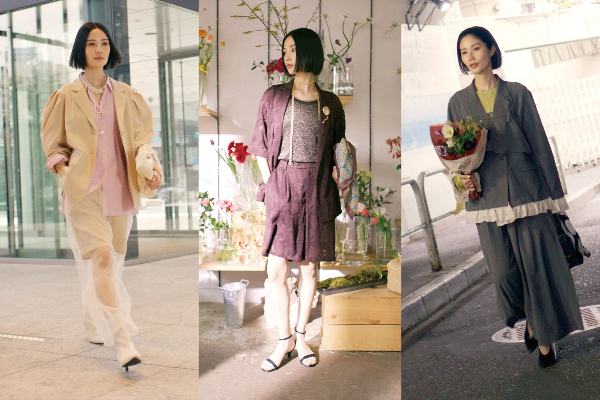 一人の女性が異なる3つのファッションスタイルを披露している画像です。都会的なオフィススタイル、花に囲まれたエレガントなスタイル、そして花束を持ったストリートスタイルが特徴で、多様な着こなしの提案が感じられます。