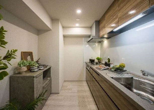 モダンで機能的な印象のキッチンです。木目調のキャビネットと広々としたカウンターが特徴で、観葉植物が配置され、生活感とスタイリッシュさが両立しています。