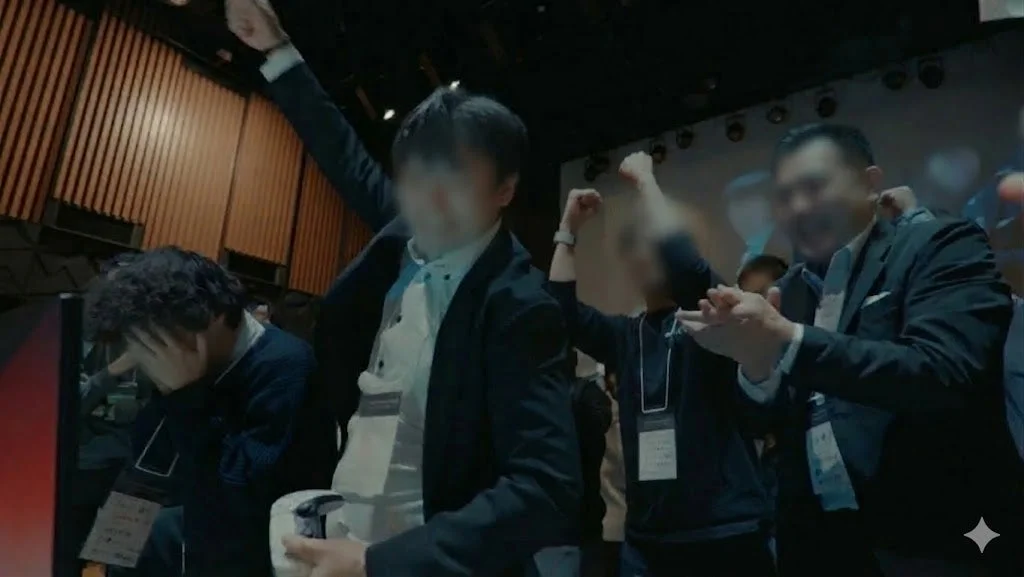 イベント会場で喜びや興奮を表現する人々