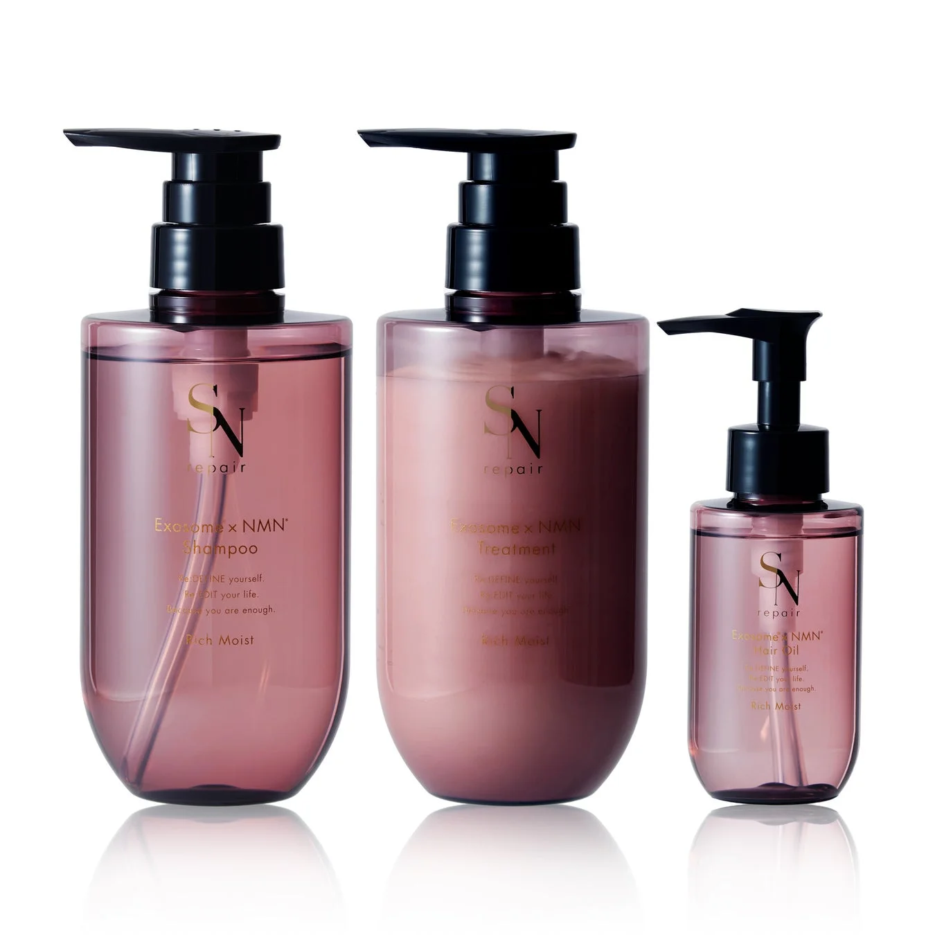 ピンク色のポンプボトルに入ったSN repairブランドのヘアケア製品3点セット