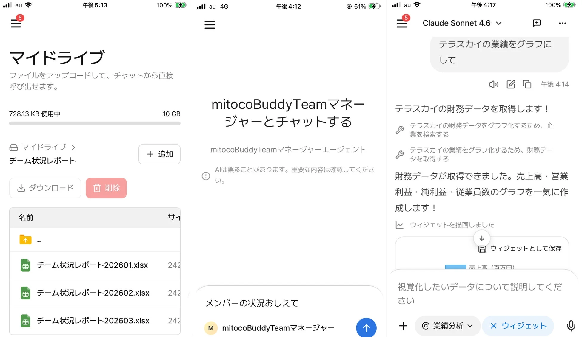 mitoco Buddy Mobileのファイル管理・データ分析画面