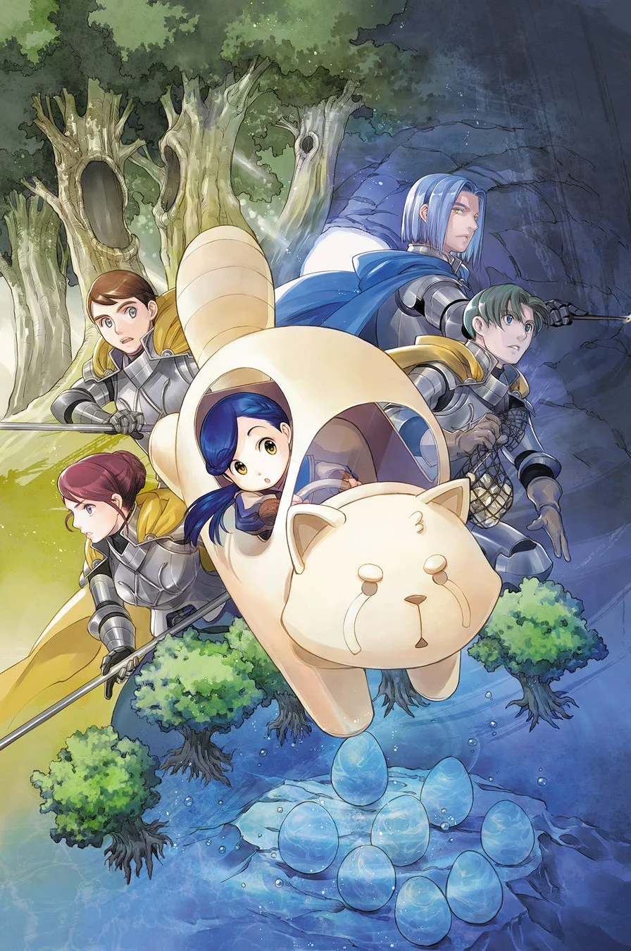 少女が猫のような乗り物に乗って騎士たちに守られ冒険するファンタジーイラスト