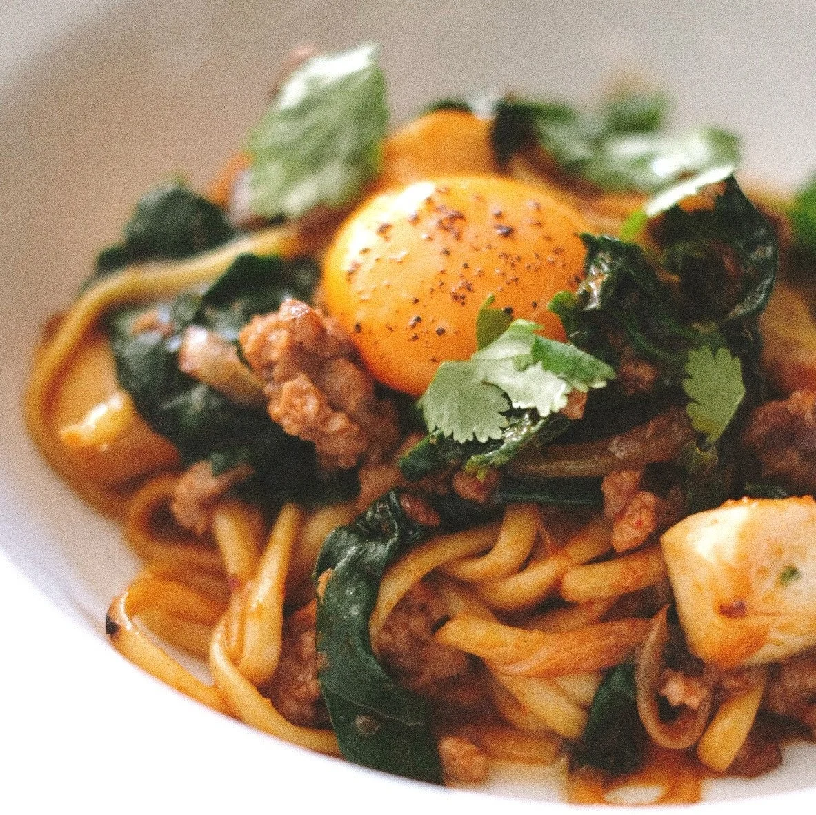 卵黄、ひき肉、ほうれん草、コリアンダーがトッピングされた麺料理