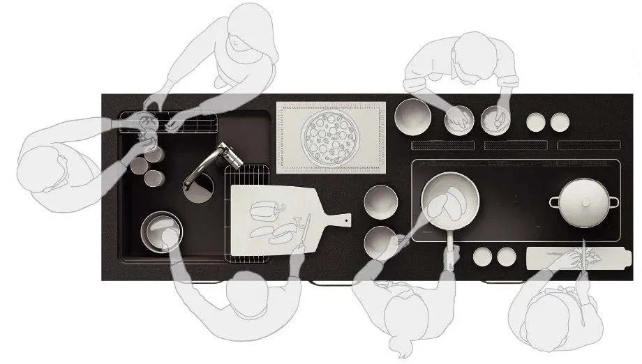 モダンなキッチンカウンターで料理を楽しむ人々
