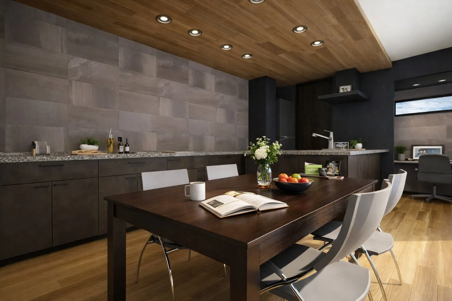 モダンなキッチンとダイニング、書斎