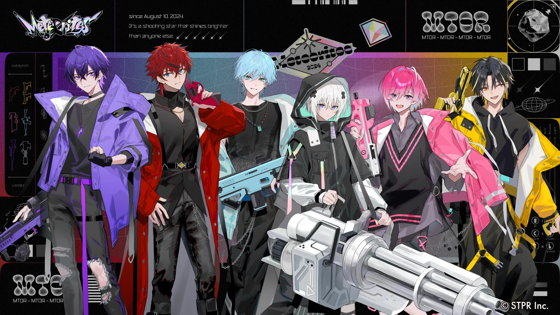 カラフルな髪色の6人の男性アニメキャラクターが、スタイリッシュな衣装と未来的な武器を身につけてポーズをとっています