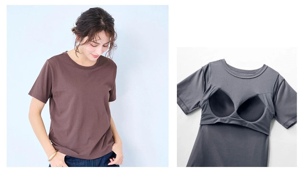 汗シミーヌ・カップ付きシンプルTシャツ