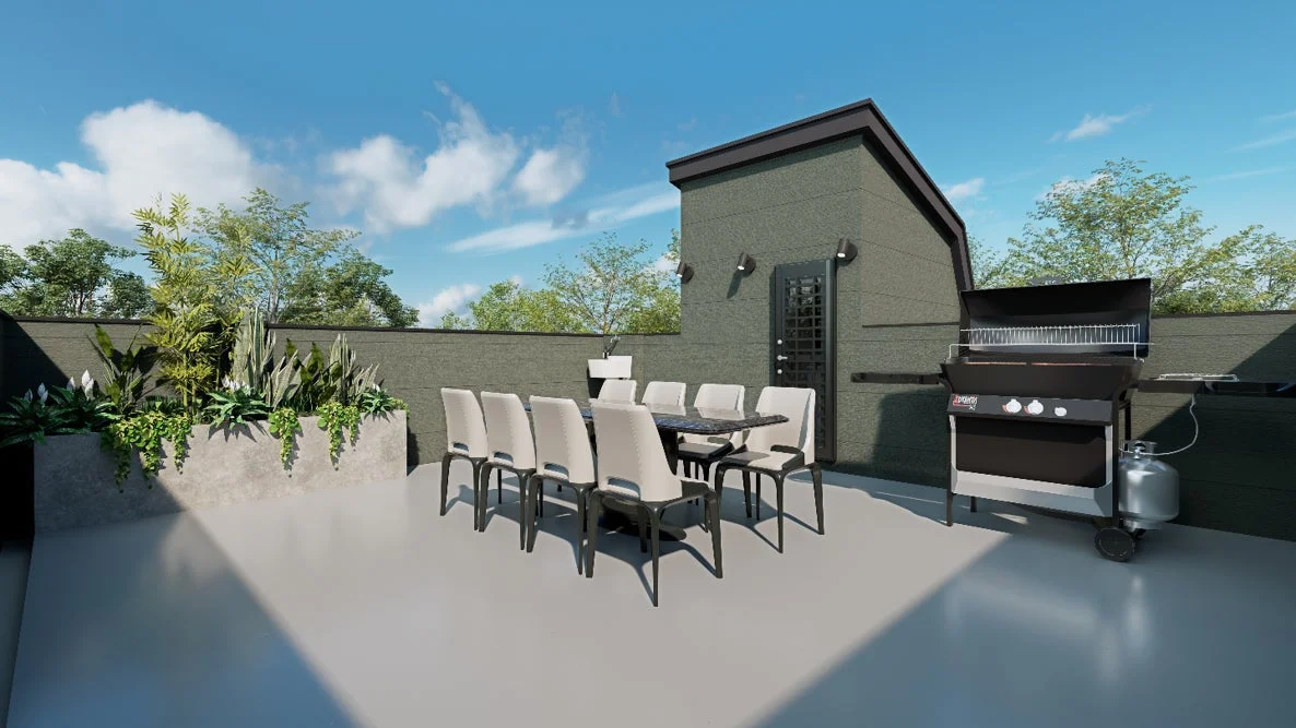 屋上テラスの開放的な空間に、ダイニングセットとバーベキューグリルが設置されています。緑豊かな植物も配置され、晴れた日のアウトドアリビングを演出しています。