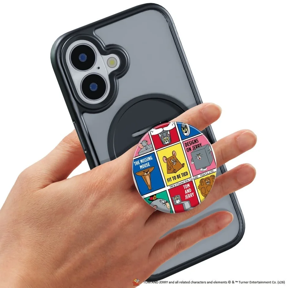 スマートフォンに装着されたコミックデザインのグリップ