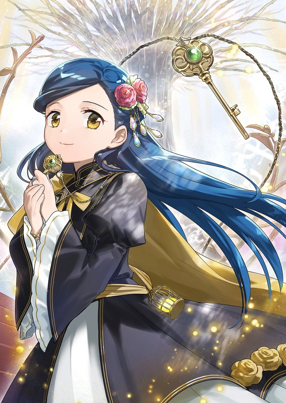 青い髪の少女が豪華なドレス姿で微笑むコミックスの表紙イラスト