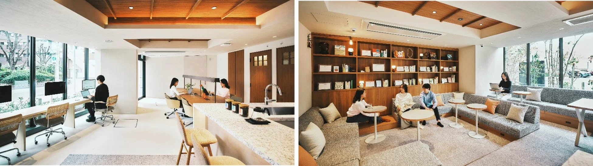 コワーキングスペース、オフィス、カフェ、モダンインテリア、ワークスペース、ラウンジ、休憩スペース、リモートワーク、仕事、会議、リラックス、書斎、木目調、明るい、窓際、人々