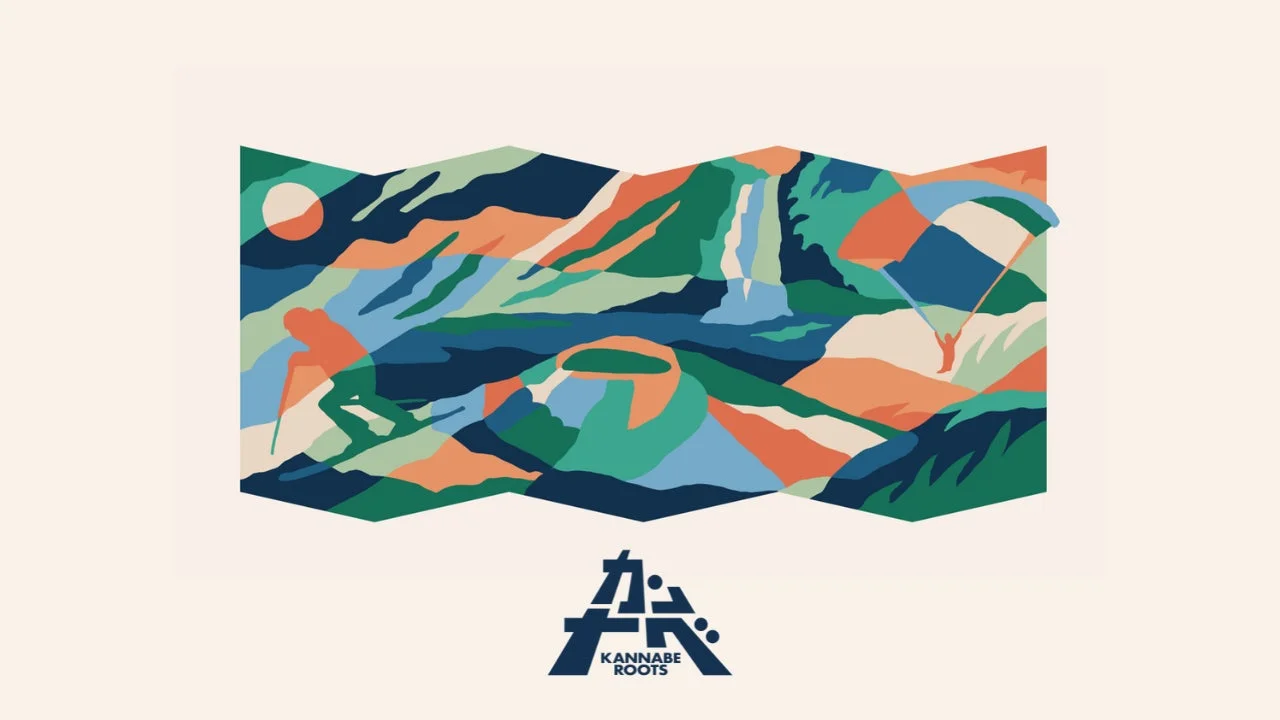 山々、滝、湖が描かれた抽象的なイラスト