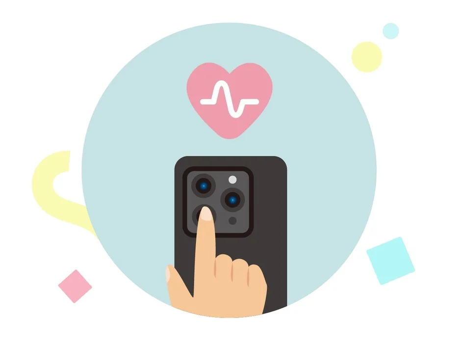 スマートフォンのカメラに指を当て、心拍数や健康状態を測定する様子