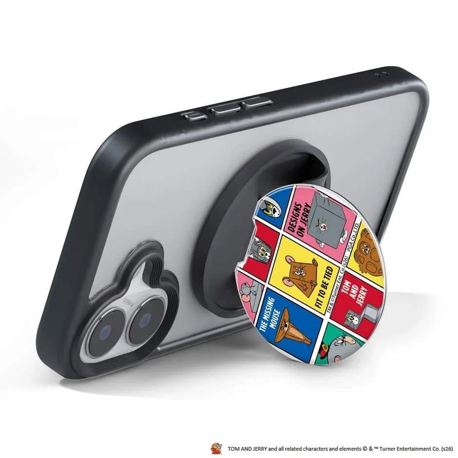 スタンドとして使用されるコミックデザインのグリップ