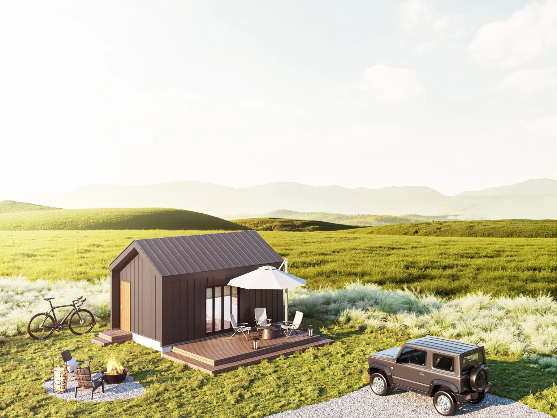 モダンなデザインの小屋とアウトドアリビングの風景