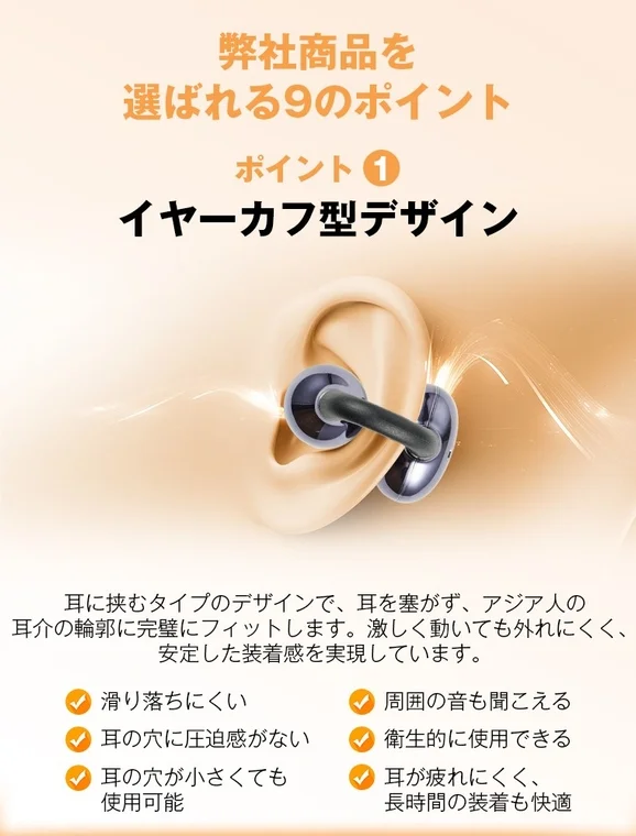 イヤーカフ型イヤホンの特徴を説明する広告画像