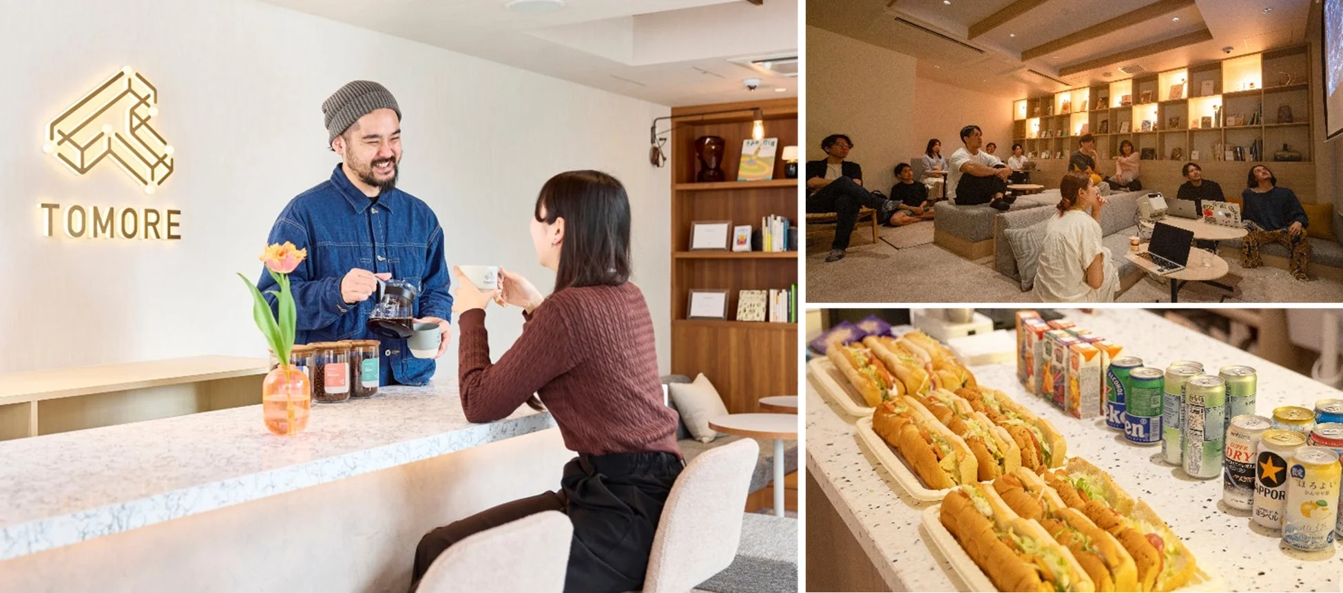 コワーキングスペース、カフェ、ラウンジ、人々、交流、コーヒー、イベント、ホットドッグ、ドリンク、休憩、モダン、コミュニティ