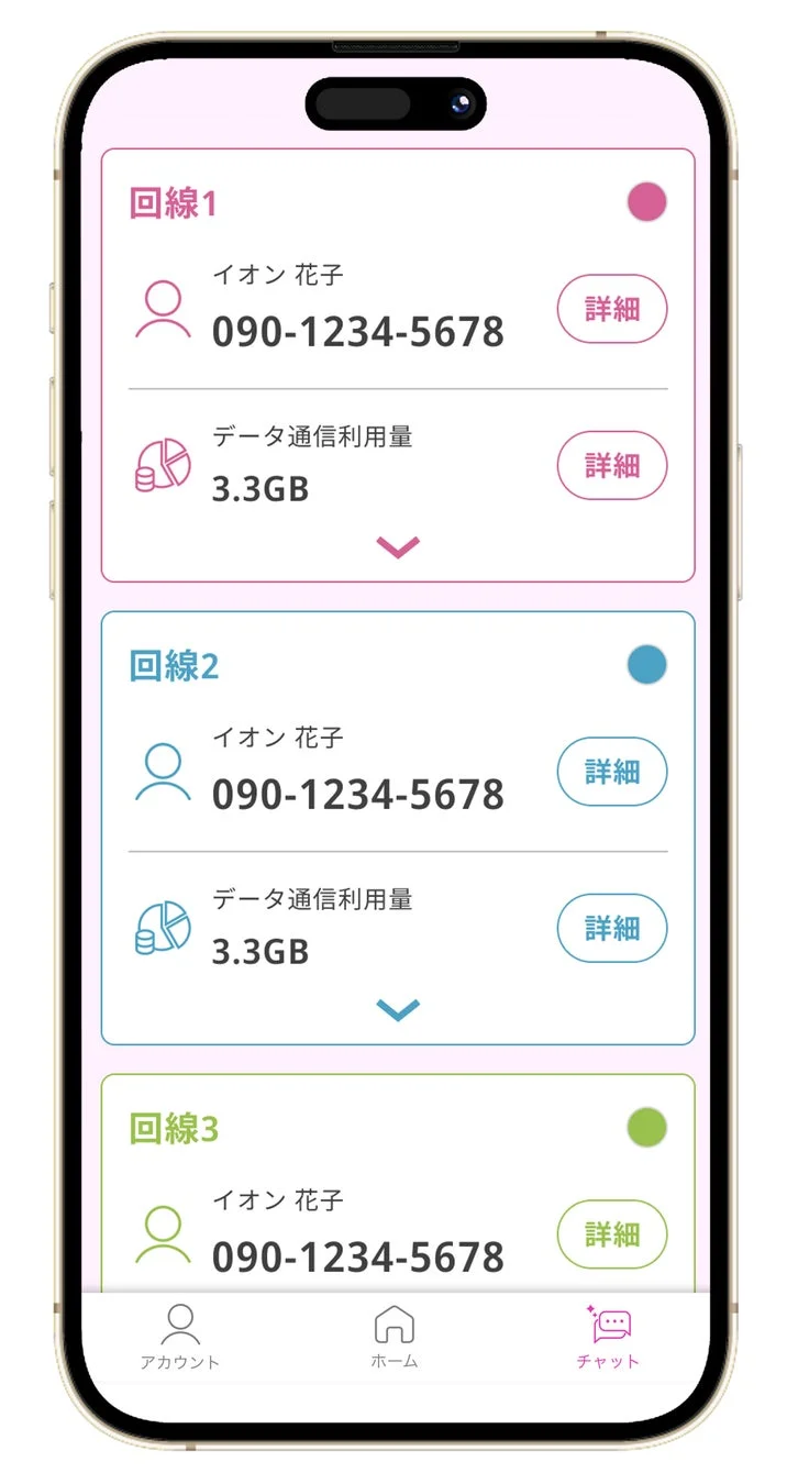 イオンモバイルアプリ回線別利用状況画面