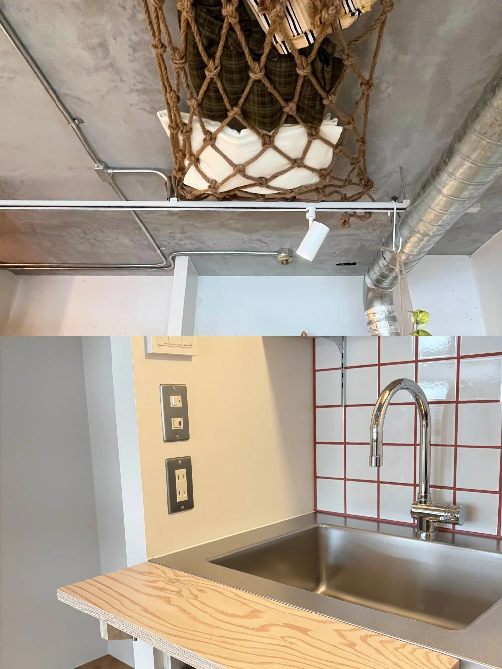 コンクリートの天井にロープネット式の収納があり、その下にはステンレス製のシンクと木製のカウンターが備えられた、インダストリアルテイストと実用性を兼ね備えた空間の様子。