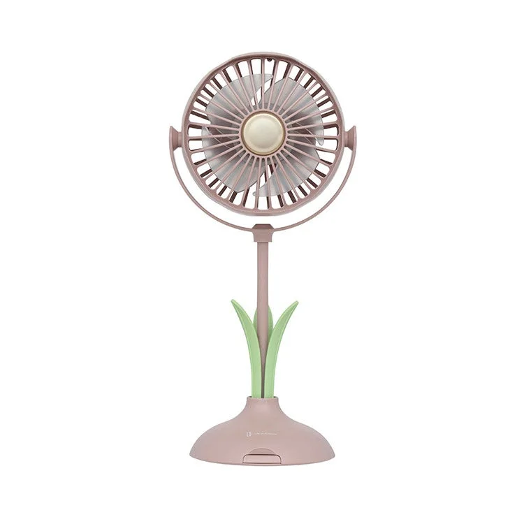 ピンク色の卓上扇風機で、茎の部分に緑の葉があしらわれた花のようなデザインが特徴です。コンパクトで可愛らしい印象を与え、デスク周りでの使用に適しています。