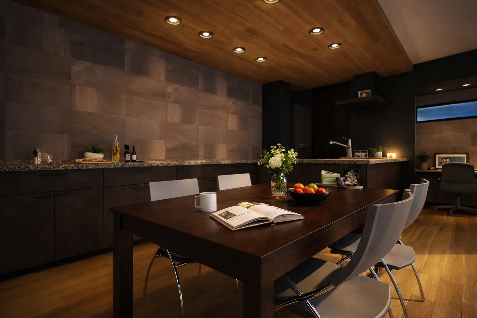 モダンで落ち着いた雰囲気のダイニングルームとキッチン