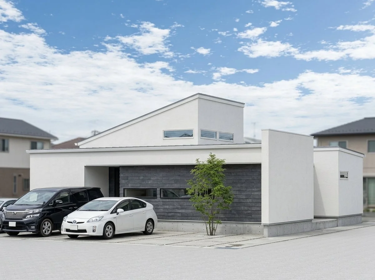 白い外壁と傾斜した屋根が特徴のモダンな住宅